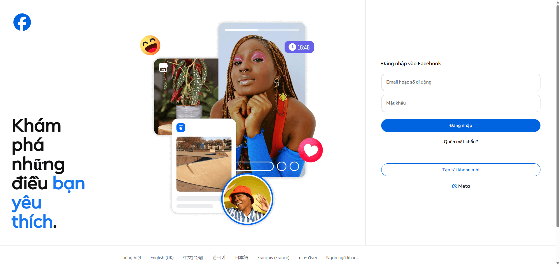 Mở trang đăng nhập Facebook