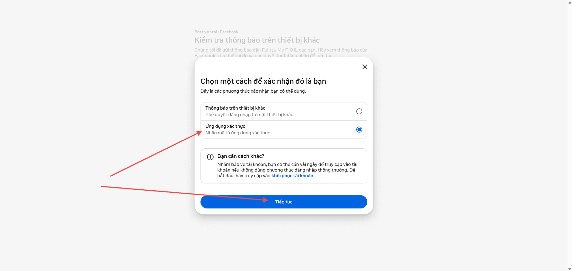 Chọn xác minh bằng ứng dụng xác thực