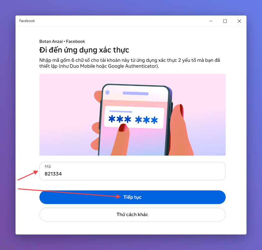Nhập mã OTP vào Facebook