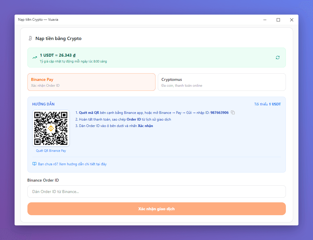 Vào trang nạp Crypto tại Vuavia
