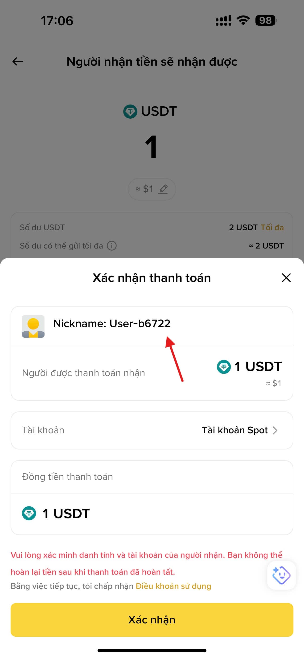 Xác nhận người nhận và nhập số tiền