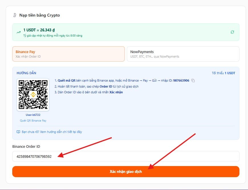 Dán Order ID vào Vuavia và xác nhận