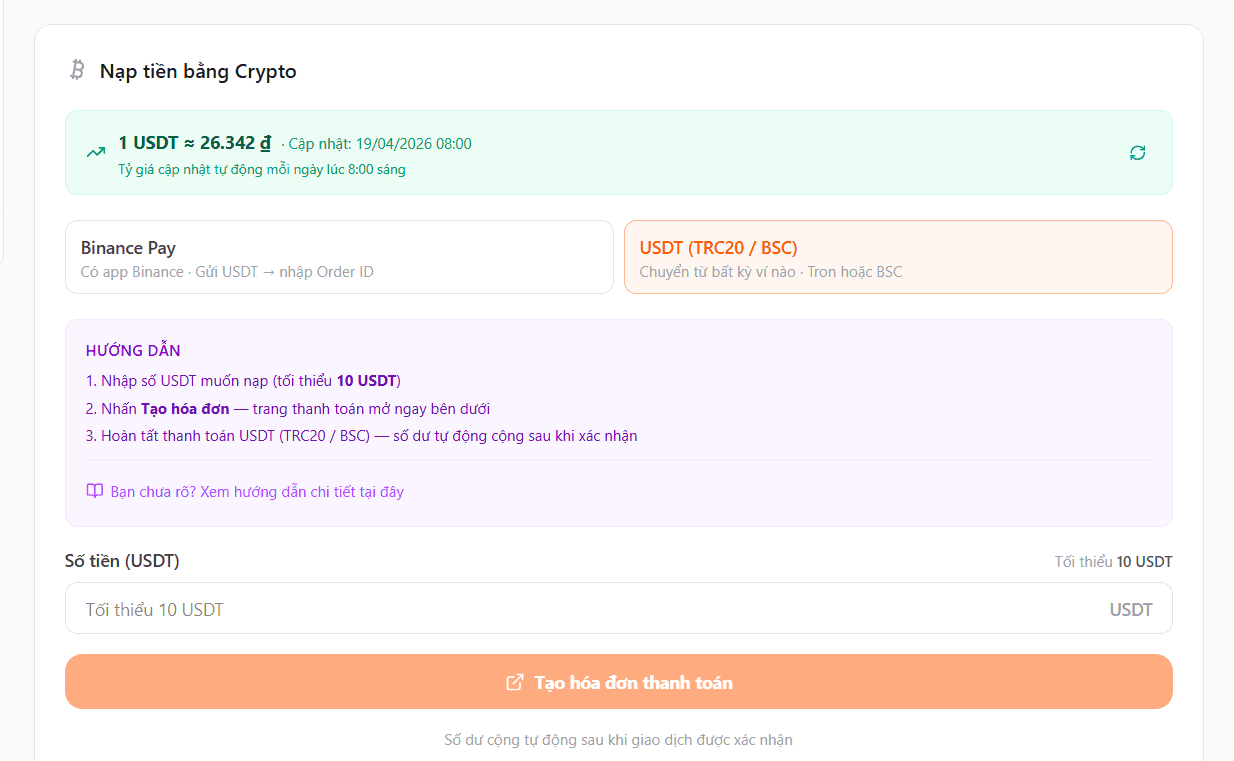 Vào trang nạp Crypto và chọn tab USDT