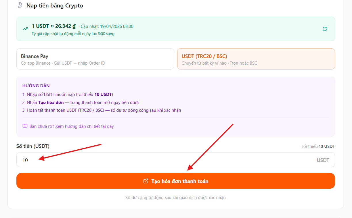 Nhập số USDT và tạo hóa đơn