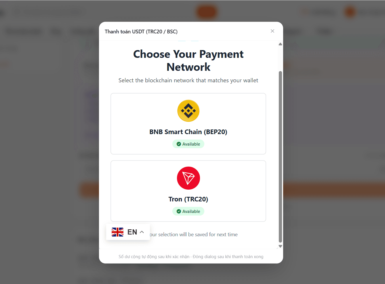 Chọn mạng thanh toán
