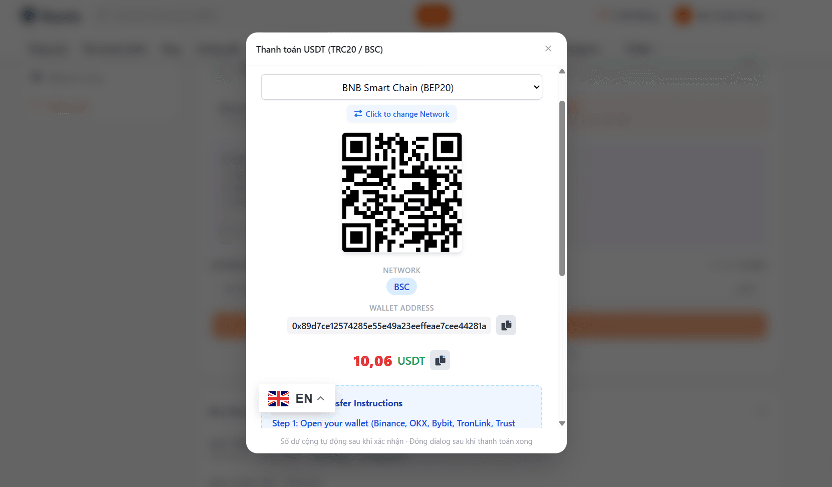 Sao chép địa chỉ ví nhận