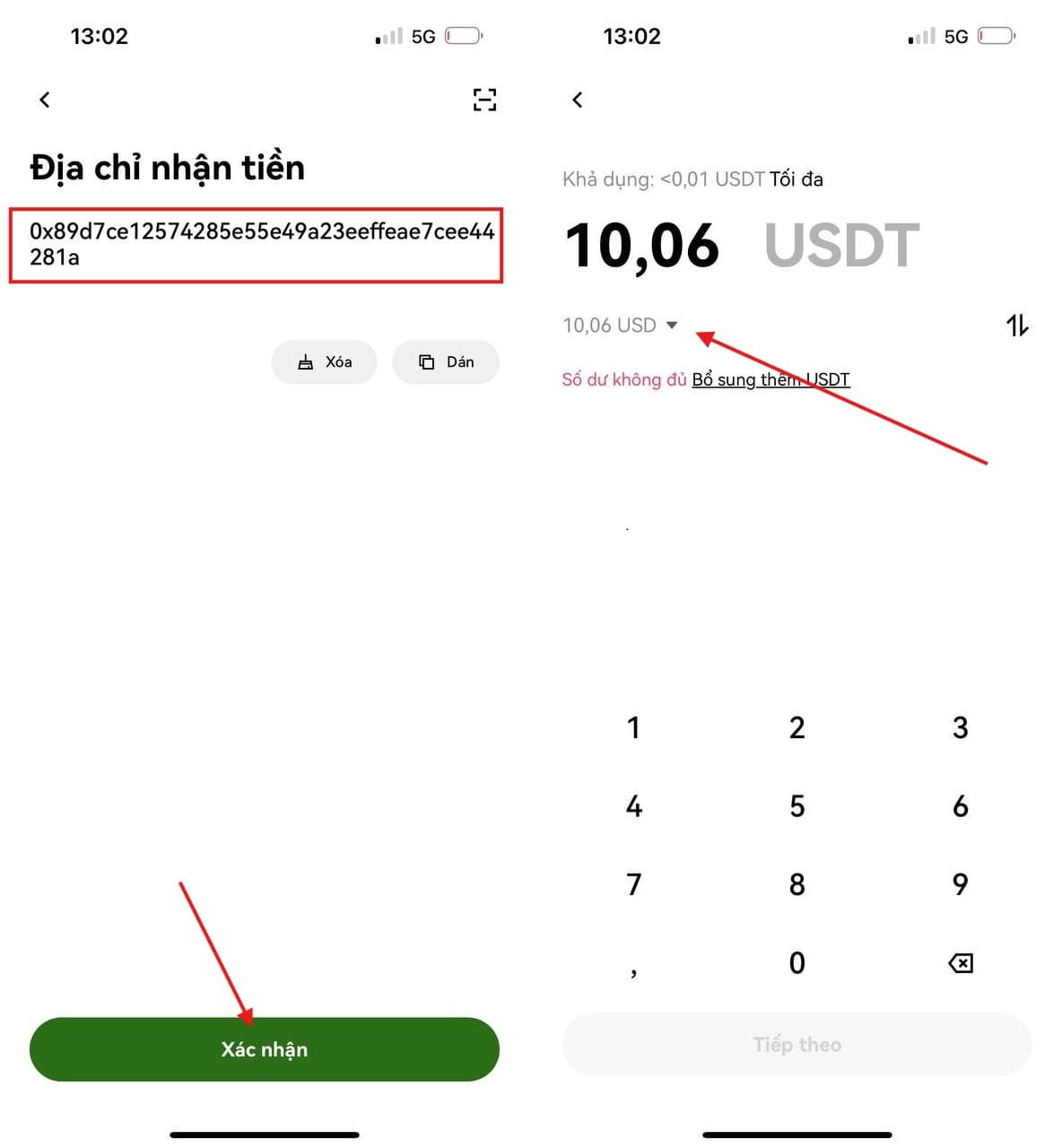 Gửi đúng số USDT từ ví của bạn