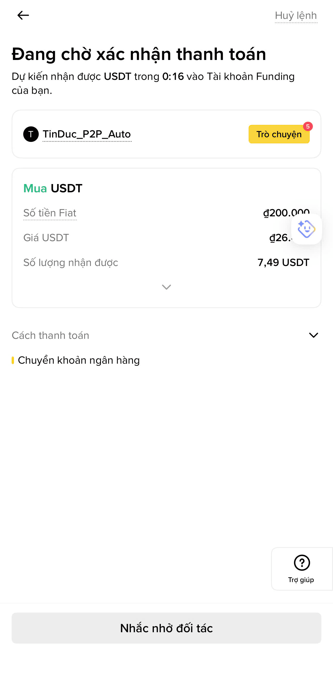 Chờ seller release USDT