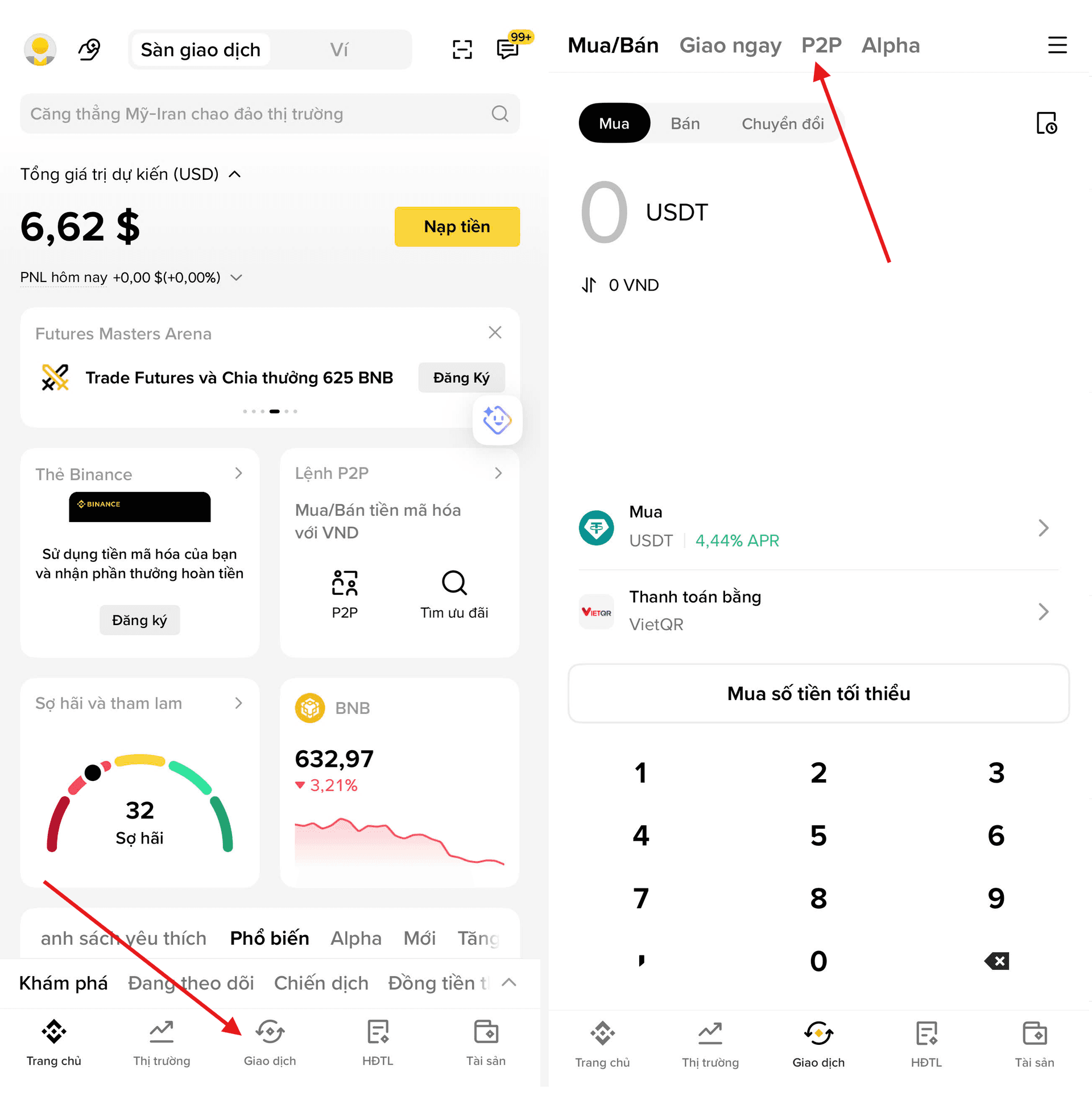 Mở chợ P2P và chọn mua USDT