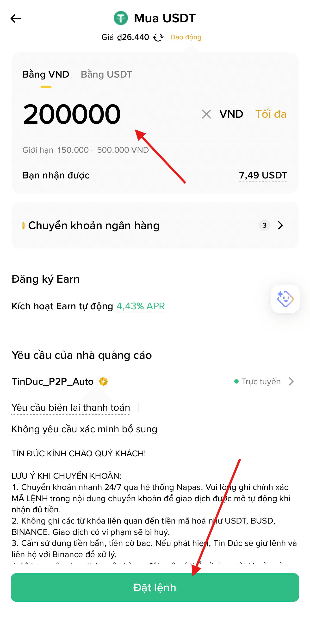 Nhấn "Mua" và nhập số tiền
