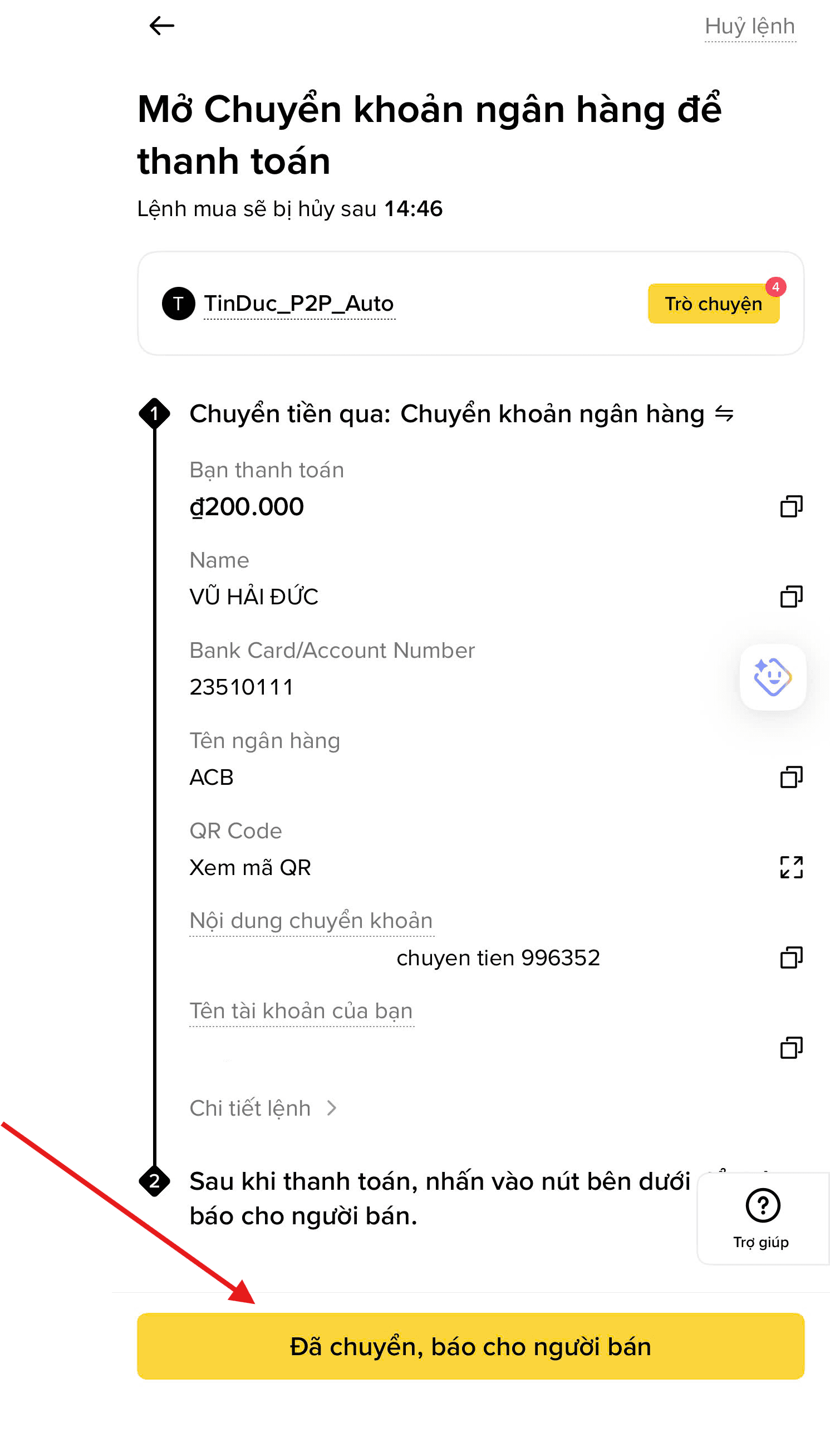 Nhấn "Đã chuyển, thông báo người bán"